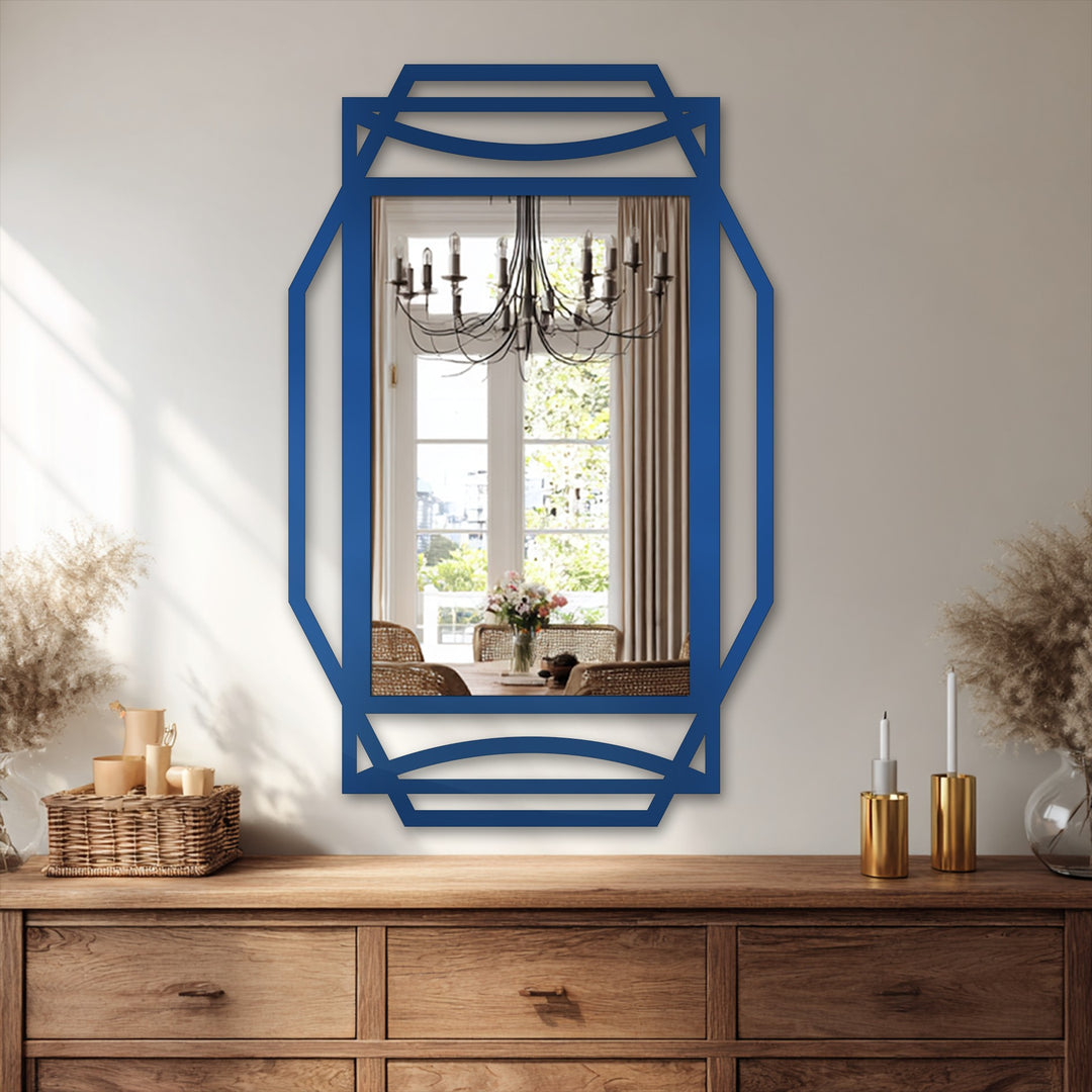 Visual rhythm is achieved through the repeating geometric shapes and arch accents of this Art Deco decorating with wall mirrors in its rectangular frame.