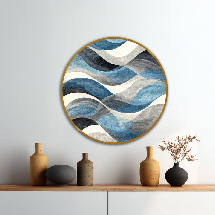 The darkest area of this circular Ocean Rhythm oil painting decoration features deep, near-black curves contrasting with the painting's lighter blues and whites.