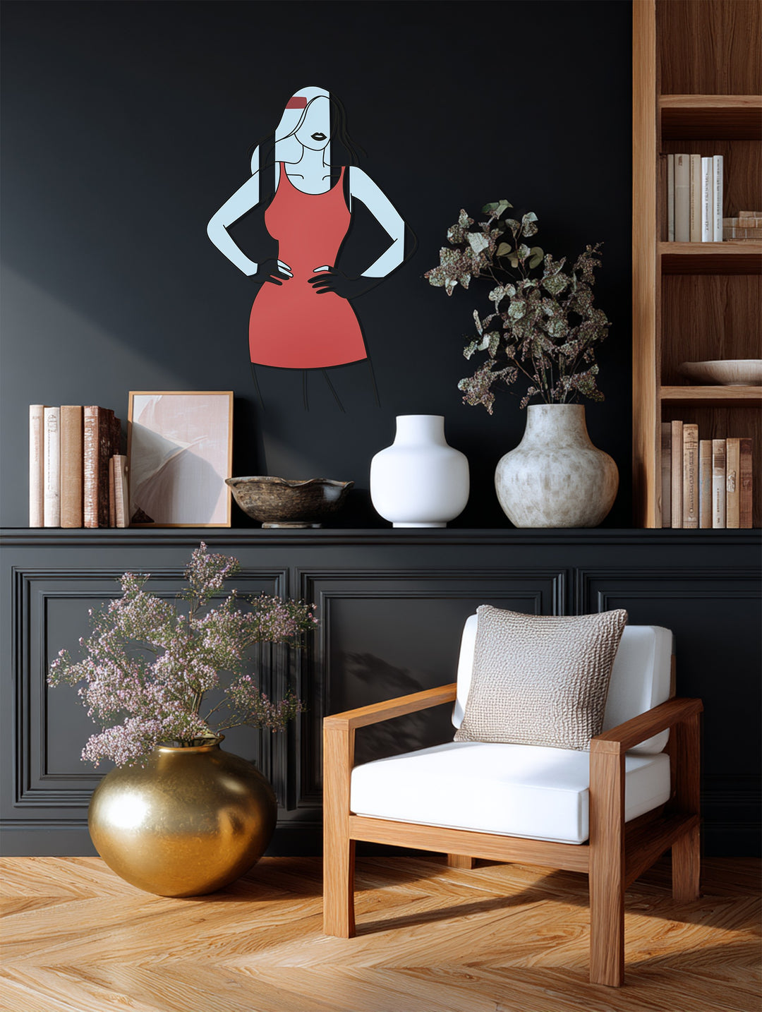 Elegant Woman in Red Dress Metal Wall Art – Modern Minimalist Home Decor