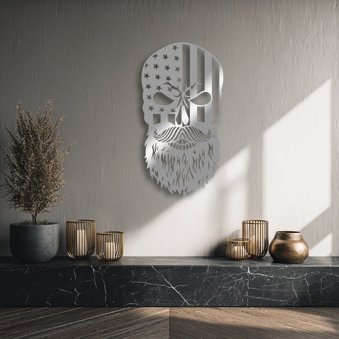 The distinct, clean-cut edges and borders of the unique metal wall art featuring a patriot skull with an American flag and beard are prominently displayed.