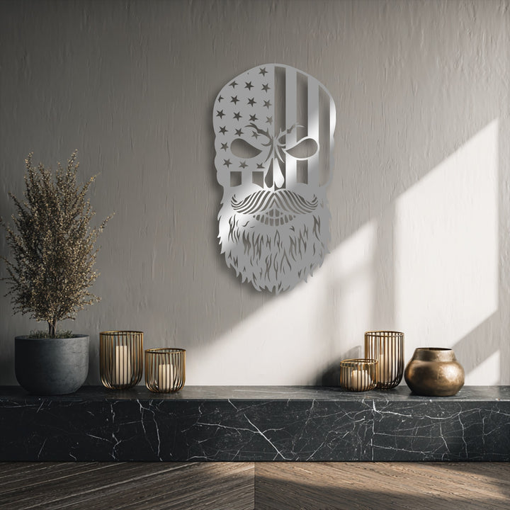 The distinct, clean-cut edges and borders of the unique metal wall art featuring a patriot skull with an American flag and beard are prominently displayed.