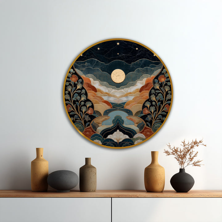Evoking a serene mood, this celestial valley moonlit landscape shows round oil painting art prints with layered hills and floral details on wood.