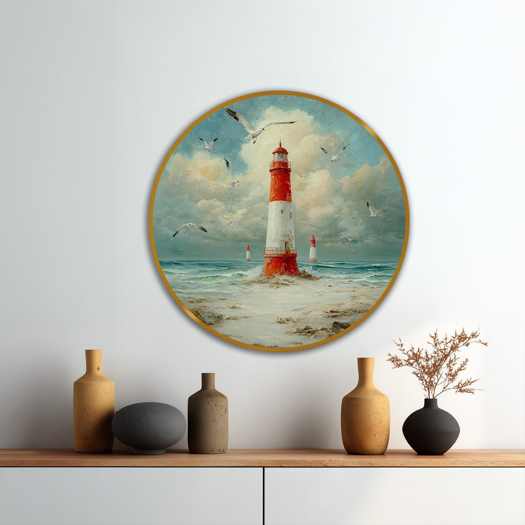 Behind the coastal beacon oil painting art, a sky with clouds and subtle blues sets a serene background for the nautical lighthouse scene.