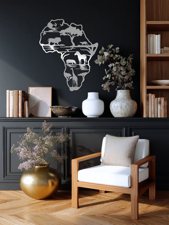 Showcasing the layering effect, this safari silhouette metal artwork presents the African wilderness through a creative, cut-out design and animal depictions.
