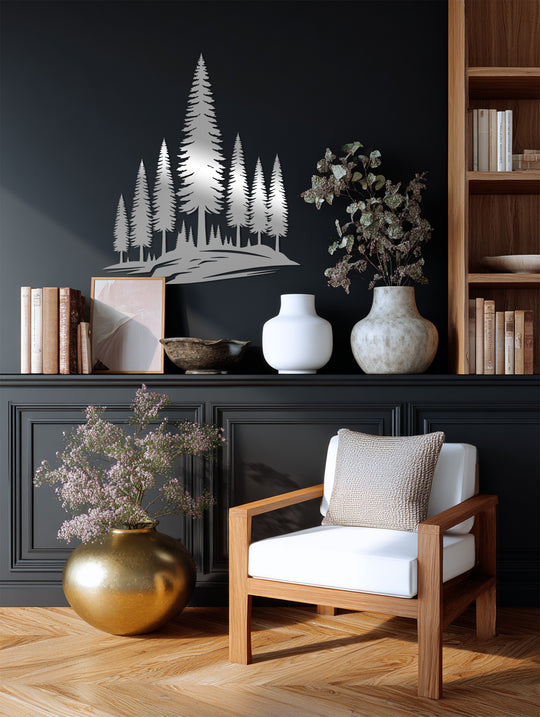 An introspective mood emanates from this nature forest silhouette metal art for wall, showcasing a mountain pine landscape in a refined and elegant setting.