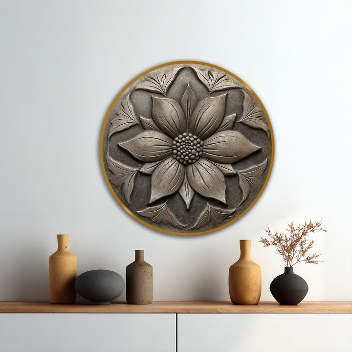 Visual rhythm is achieved in this oil painting home decor, with a repeating, ornate vintage blossom relief pattern set within a round frame, complemented by curated decorative objects.