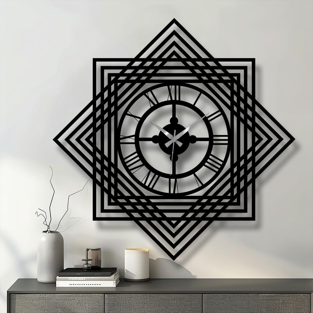 Illuminating the transition between shades on the geometric layered frame, this striking metal artwork highlights a modern decorative wall clock featuring roman numerals.