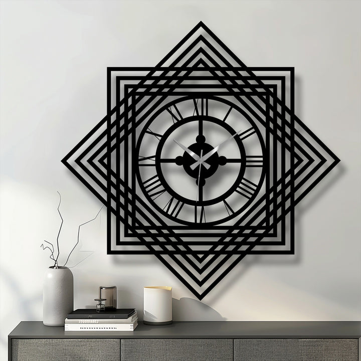 Illuminating the transition between shades on the geometric layered frame, this striking metal artwork highlights a modern decorative wall clock featuring roman numerals.