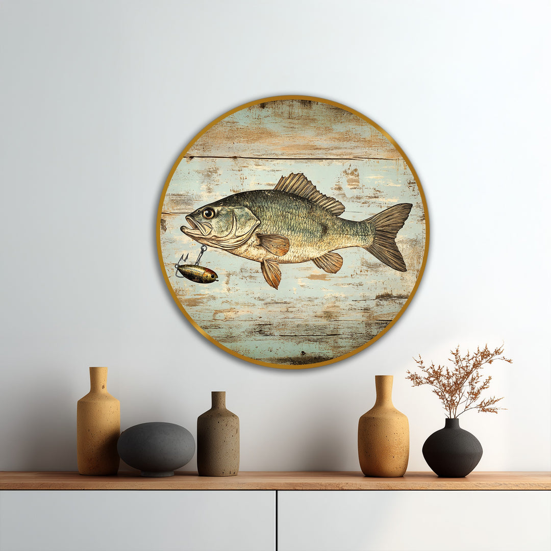 Rustic Catch – Pez lubina redondo vintage Cuadro al óleo