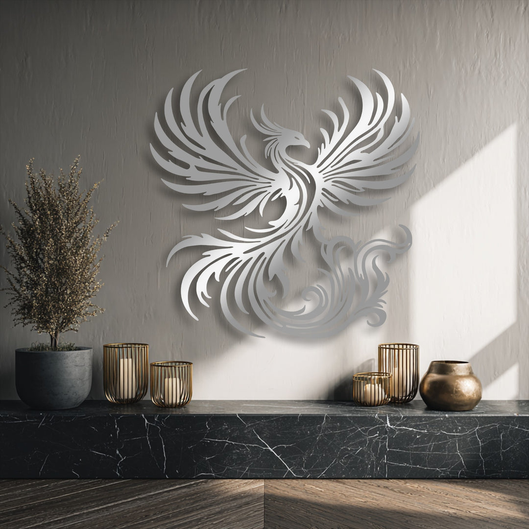 The exceptional material quality of this silver phoenix metal artwork is evident in its finely detailed, sturdy design.