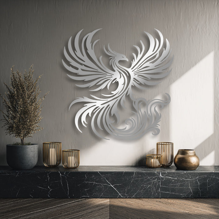The exceptional material quality of this silver phoenix metal artwork is evident in its finely detailed, sturdy design.