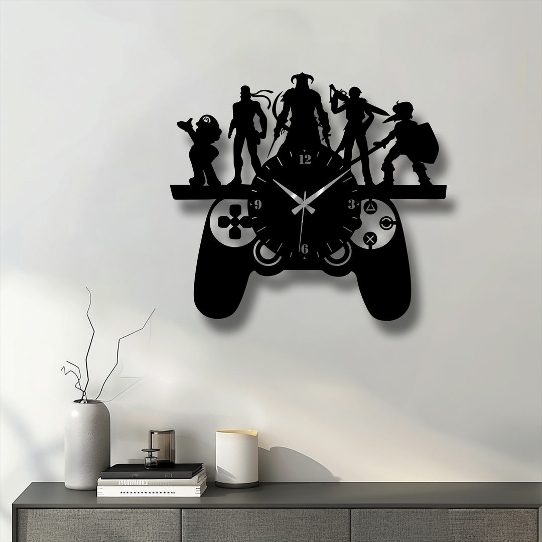 The darkest area highlights the silhouette of gaming characters atop a controller-shaped clock, showcasing innovative metal art for wall gamer room decor.