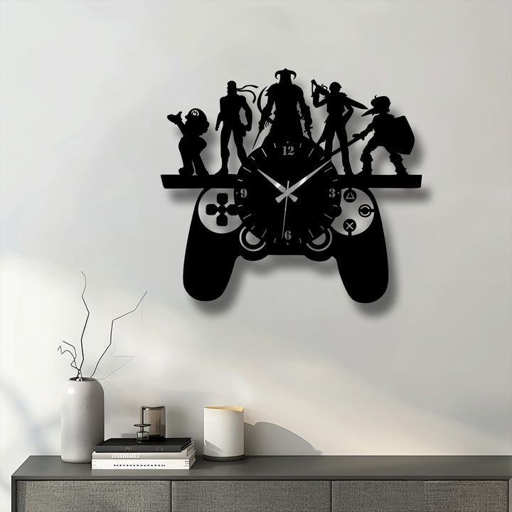 The darkest area highlights the silhouette of gaming characters atop a controller-shaped clock, showcasing innovative metal art for wall gamer room decor.