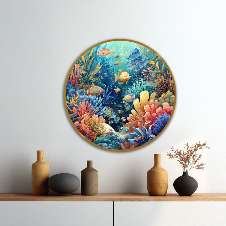 Apparent surface texture emphasizes the artistry of this round, vibrant coral reef with tropical fish oil painting reproduction print, revealing brushstrokes and paint depth.