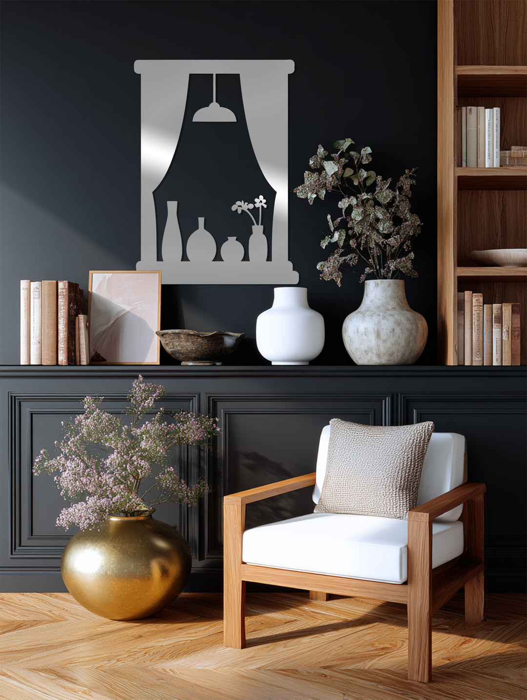 Window Scene with Vases and Lamp – Modern Metal Wall Art Decor
