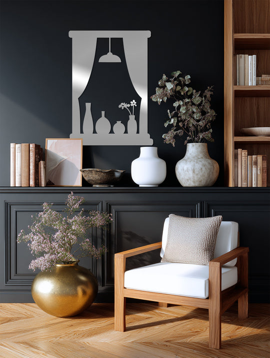 Serene elegance radiates from the window scene metal artwork, showcasing a charming interior mood with vases and a lamp in a modern wall decor piece.