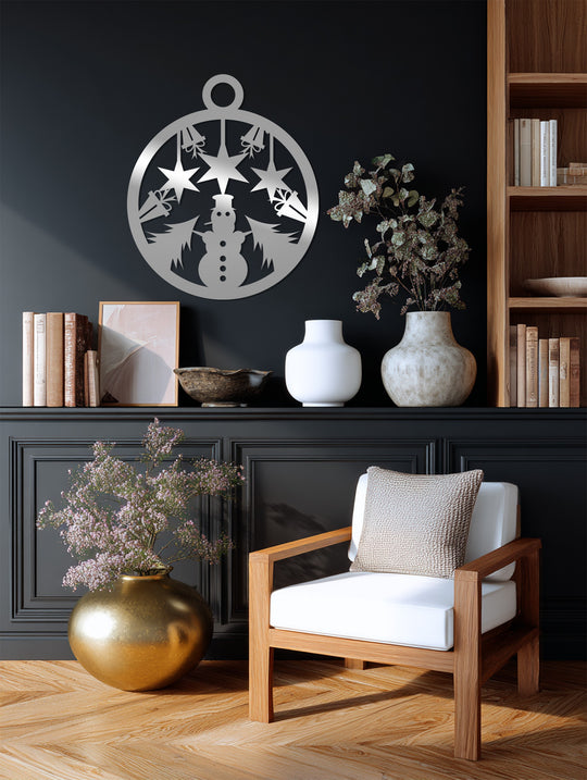 Displayed is a starlit joy metal artwork piece, featuring a snowman, Christmas trees, stars, and gift elements making a unique metal artwork decoration.
