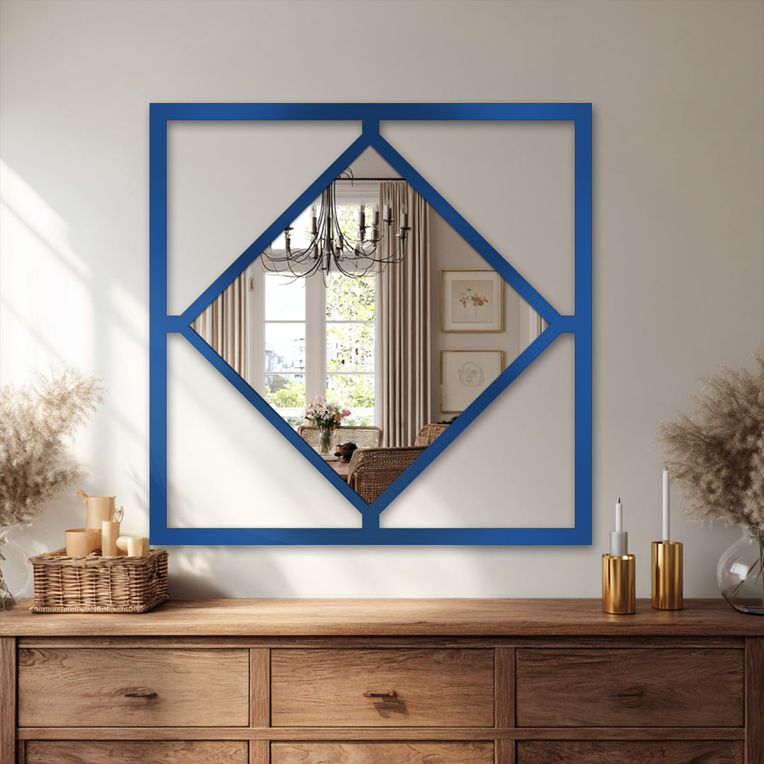 Bold, cobalt-blue finish highlights the diamond frame and square silhouette of this modern geometric metal artwork mirror.