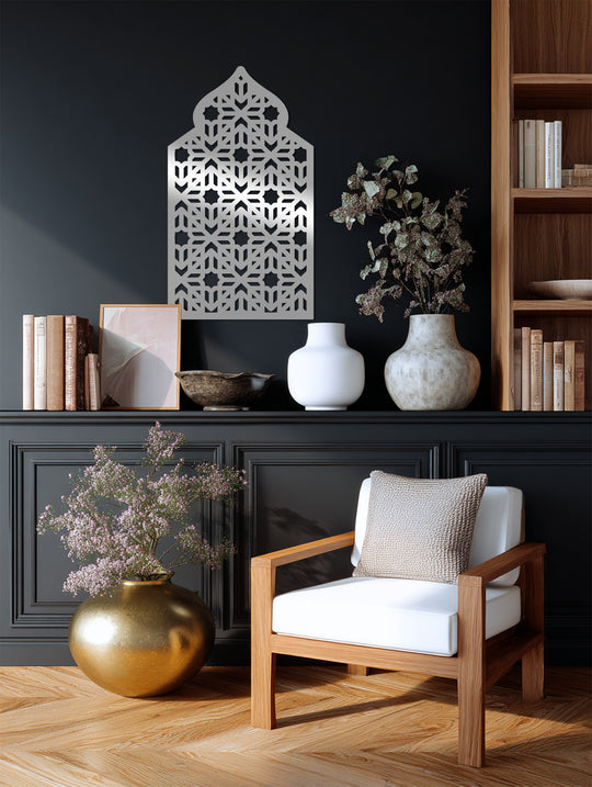 Geometric metal art for wall displays intricate edges and borders that form a captivating Islamic star arch pattern, creating a sacred and timeless piece.