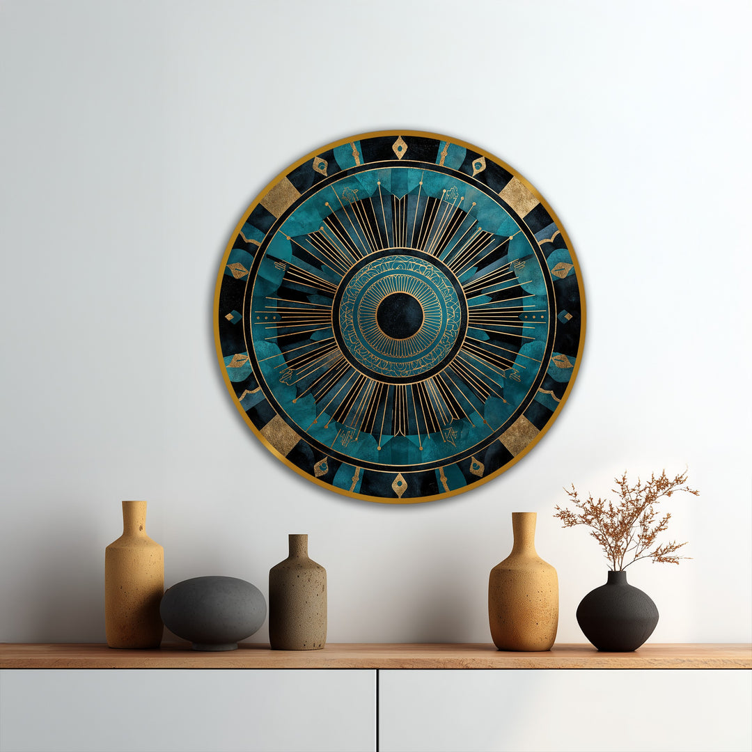 Radiant Teal & Gold Mandala – Abstract Round Oil Painting