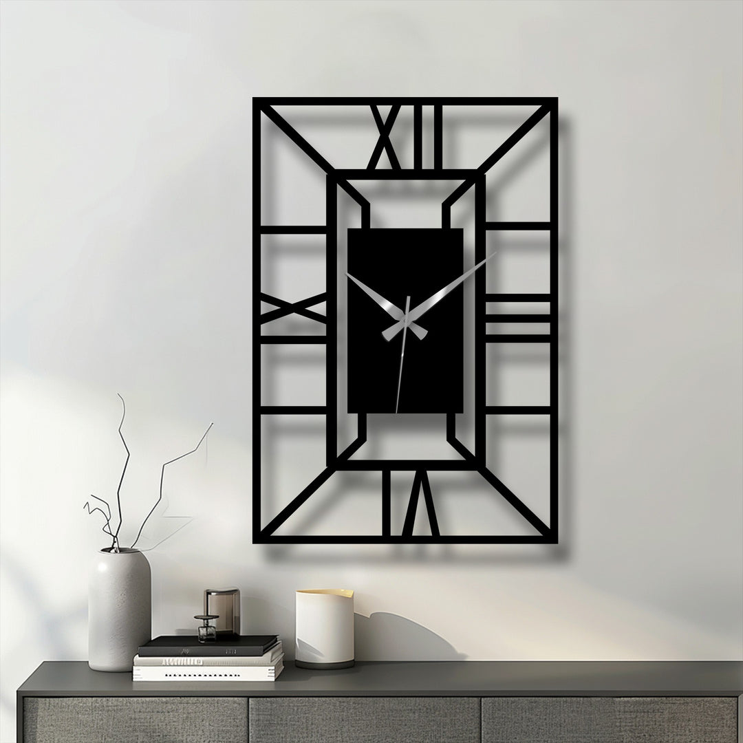 Negative space creates bold shapes within this architectural metal wall clock, a unique metal wall art piece featuring a geometric frame.