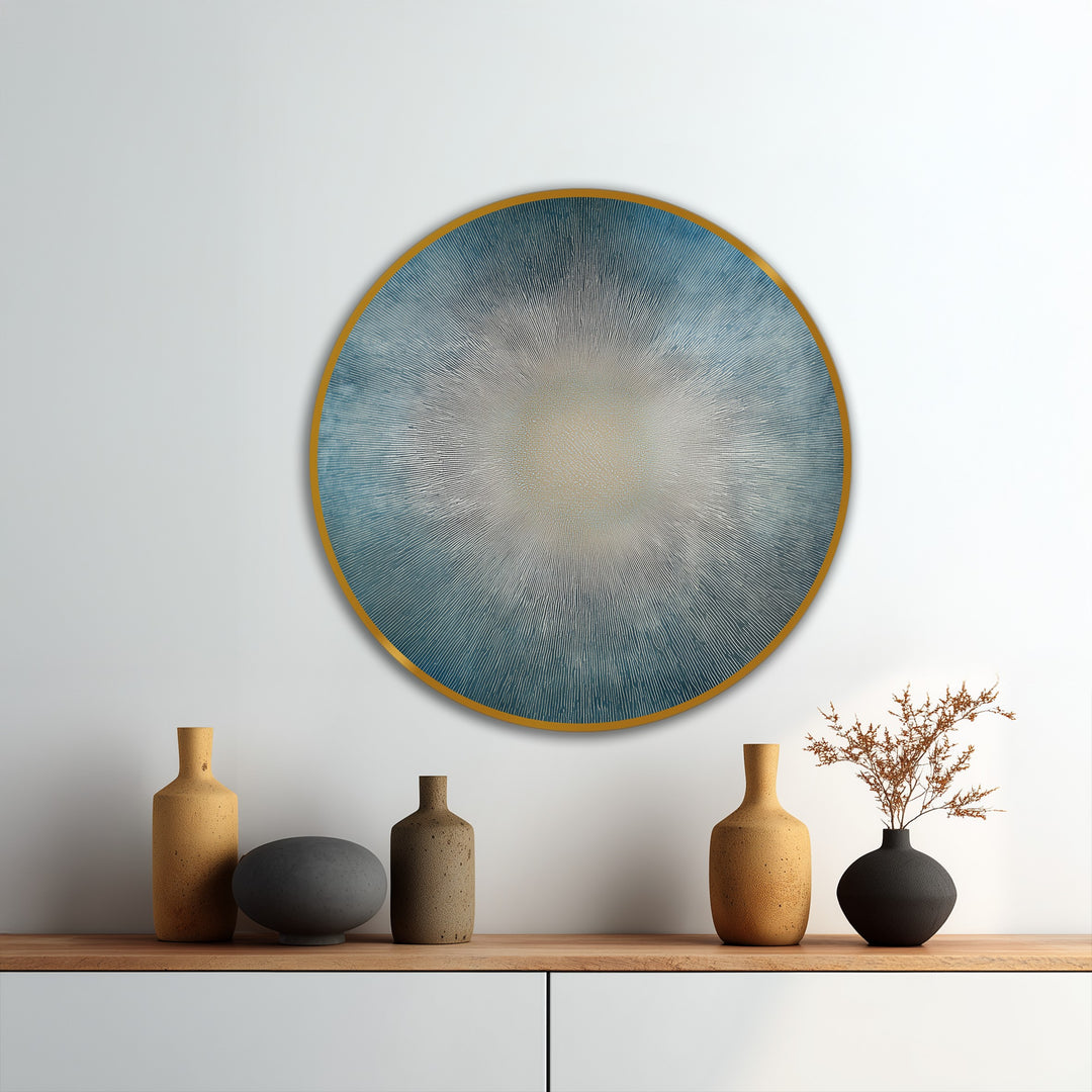 Radiant horizon showcases a smooth transition between azure and ivory in this round, abstract sunburst oil painting, perfect for contemporary oil painting home decor.
