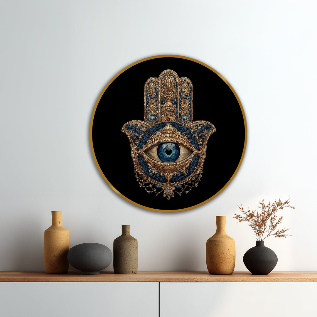 Illuminating the ornate central eye, the brightest area highlights the intricate details of this round protective symbol mystic hamsa eye oil painting art prints.