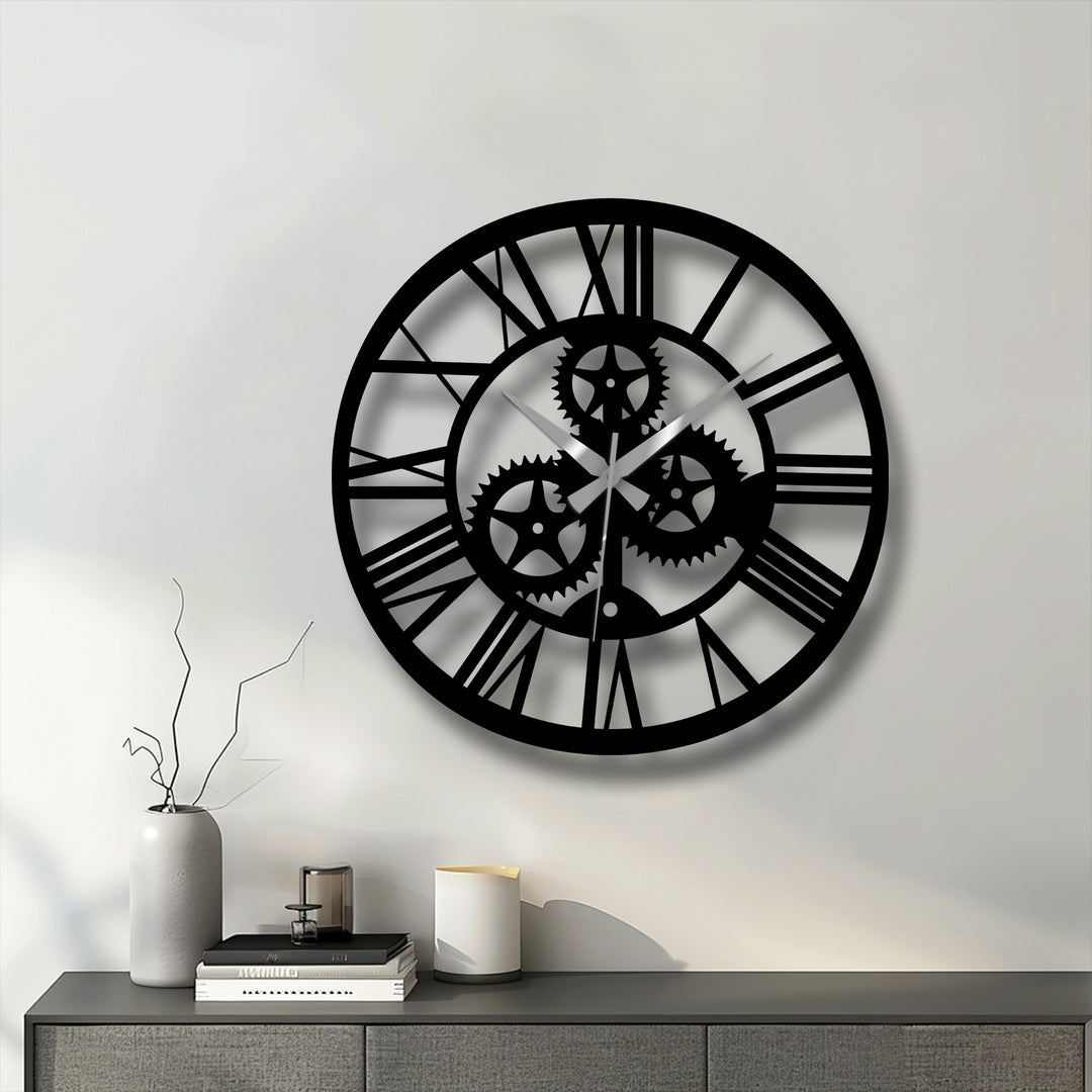 The darkest area highlights the cut-out gears and Roman numerals of this industrial gear metal artwork, adding a unique steampunk design to the decorative wall clock.