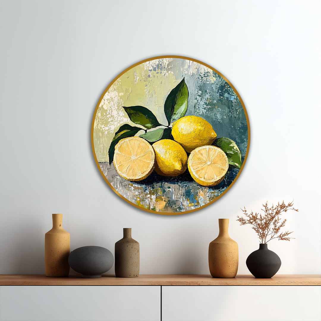 Showcasing the realistic detail, this round oil painting delivers modern oil painting art through its textured brushstrokes, capturing fresh lemons in a sunlit still life.