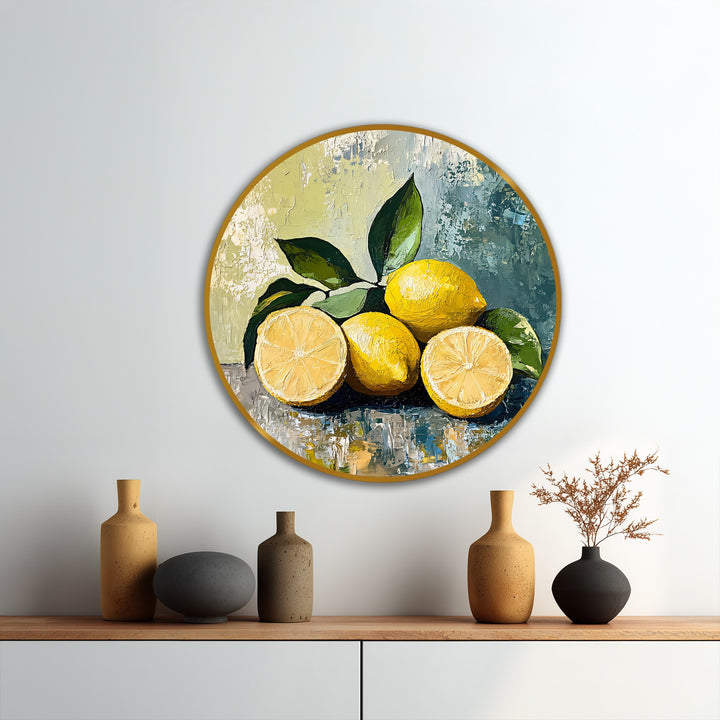Showcasing the realistic detail, this round oil painting delivers modern oil painting art through its textured brushstrokes, capturing fresh lemons in a sunlit still life.