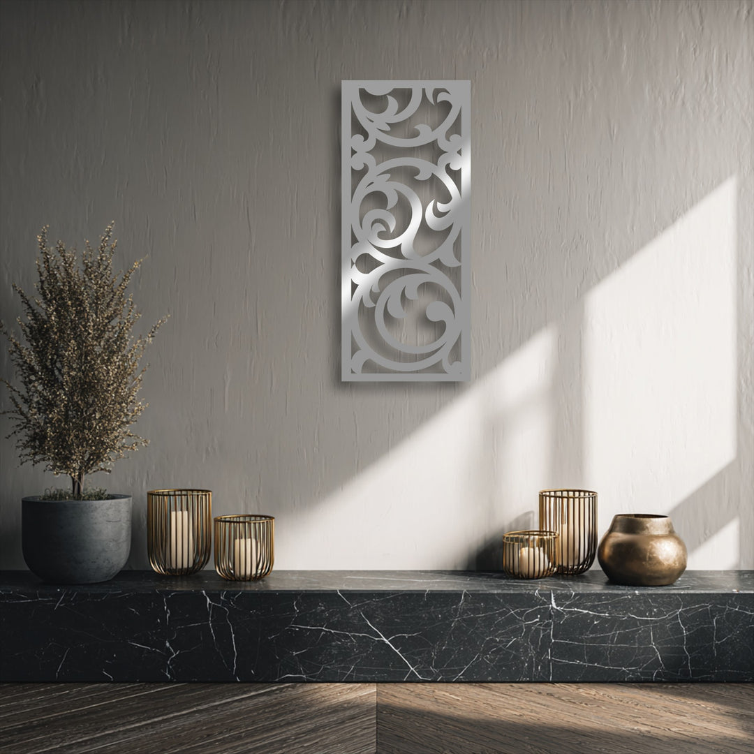 Foreground detail reveals a striking black marble surface, elegantly displaying gold candle holders and a bronze vase alongside unique metal wall art.