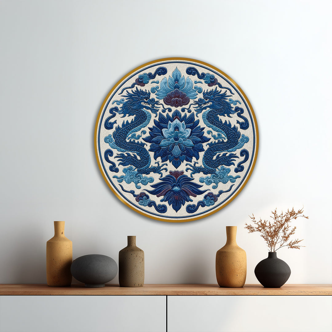 Royal Blue Twin Dragons Round Oil Painting