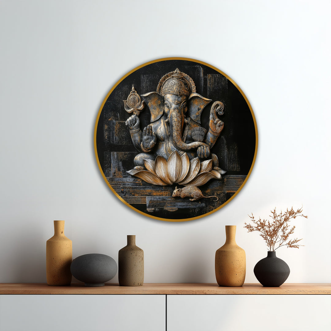 Prosperidad Divina – Ganesha Lotus Round Cuadro al óleo