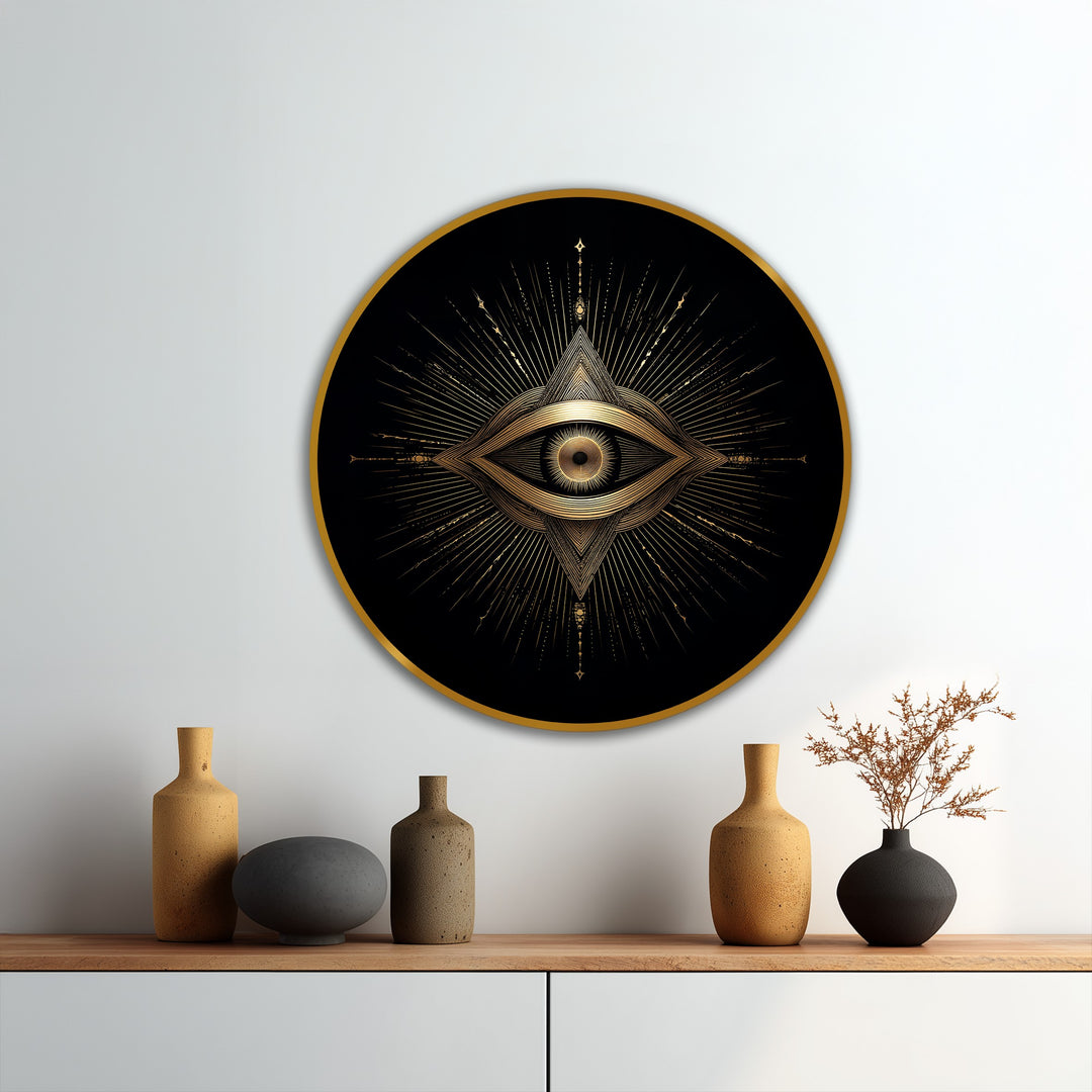 Subtle striations in the central eye focus the radiant sacred eye, an oil painting wall art piece featuring golden geometric rays emanating from its core.