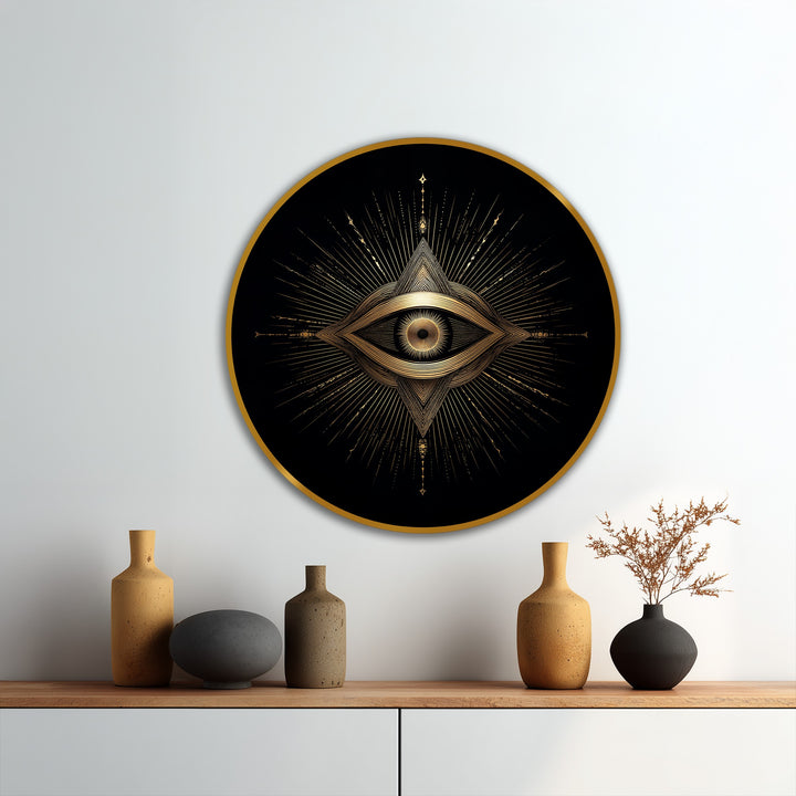 Subtle striations in the central eye focus the radiant sacred eye, an oil painting wall art piece featuring golden geometric rays emanating from its core.