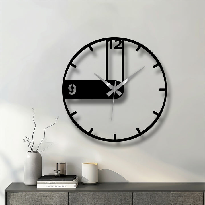 Warm, ambient lighting accentuates the asymmetrical design of the black metal art for wall clock, creating a minimalist focal point.