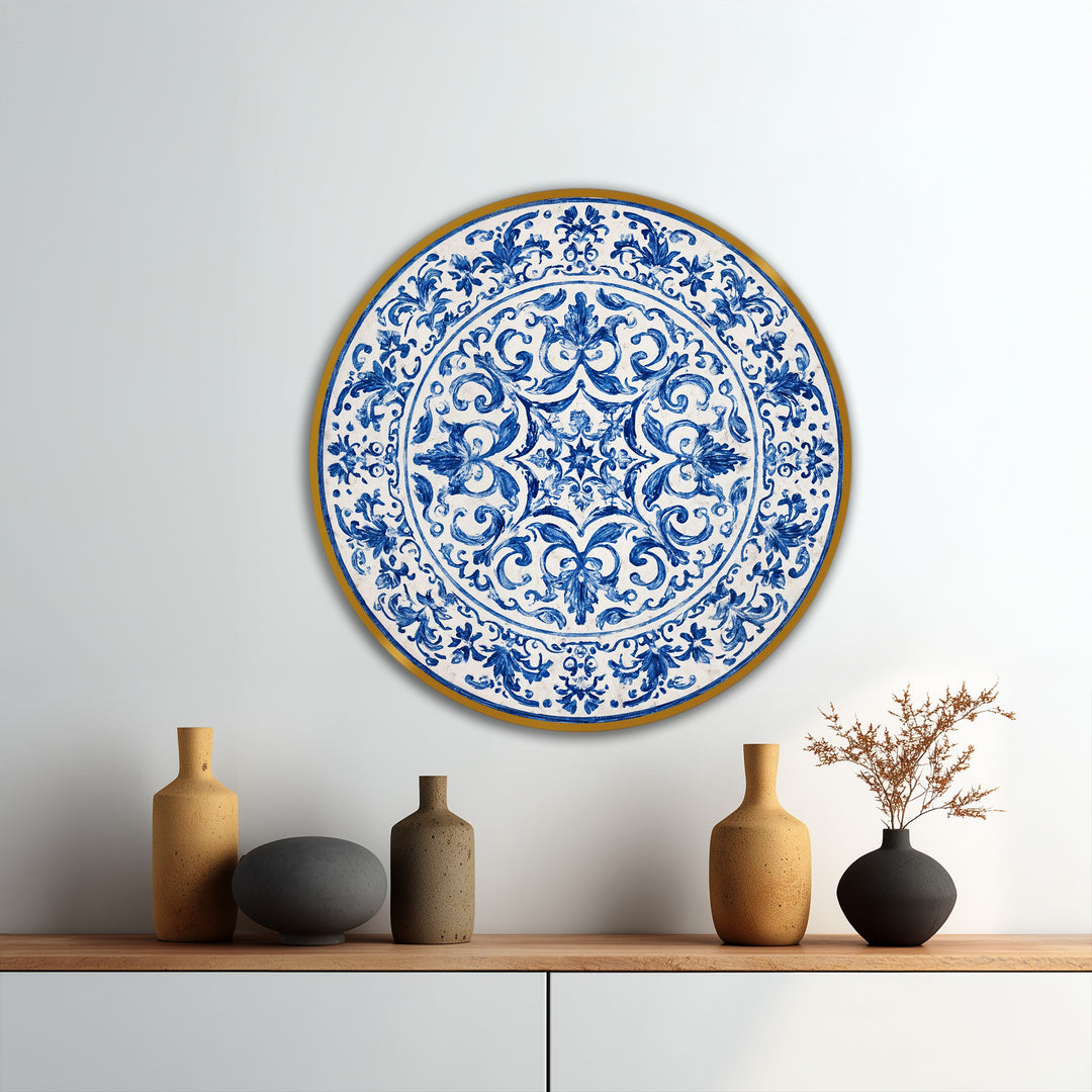 Vibrant color saturation enhances this ornamental plate-style oil painting art piece, showcasing rich blues in a traditional, round composition.