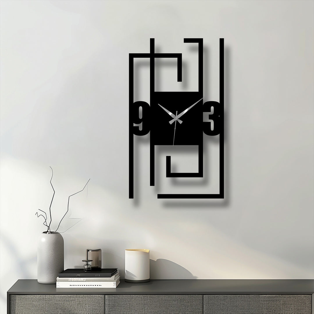 Highlighting the layering effect, this modern numeric metal wall clock features a striking abstract line frame design showcasing decorative metal art with subtle geometric depth.