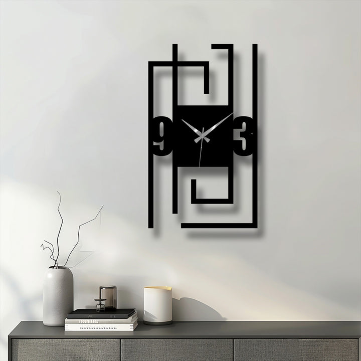 Highlighting the layering effect, this modern numeric metal wall clock features a striking abstract line frame design showcasing decorative metal art with subtle geometric depth.