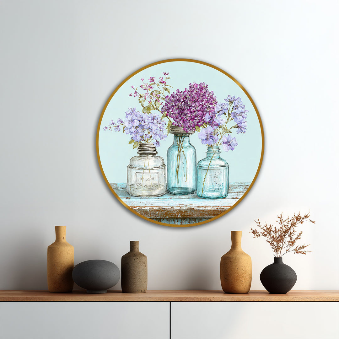 Pastel Wildflower Jars Round Oil Painting