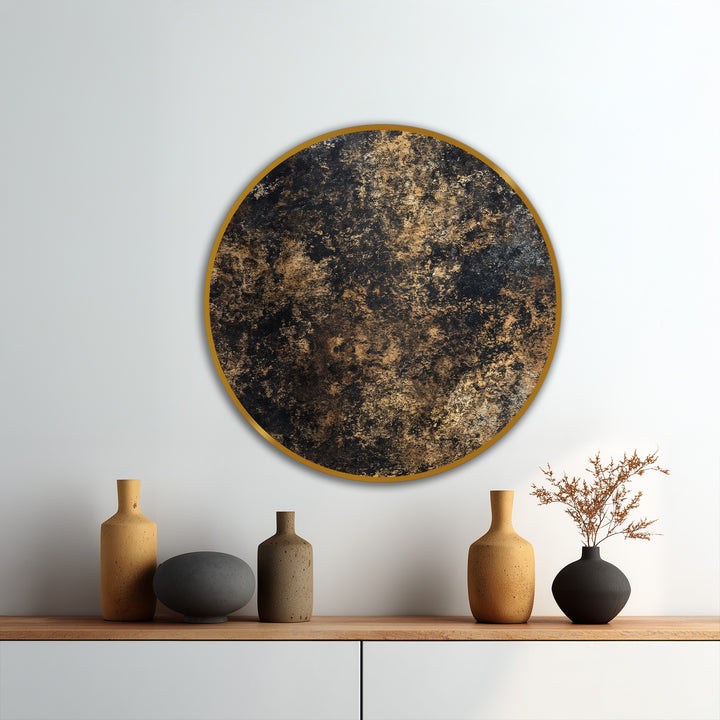 Earthy organic forms converge within this circular golden patina, textured black and gold oil painting decoration creating a captivating and abstract wall art piece.