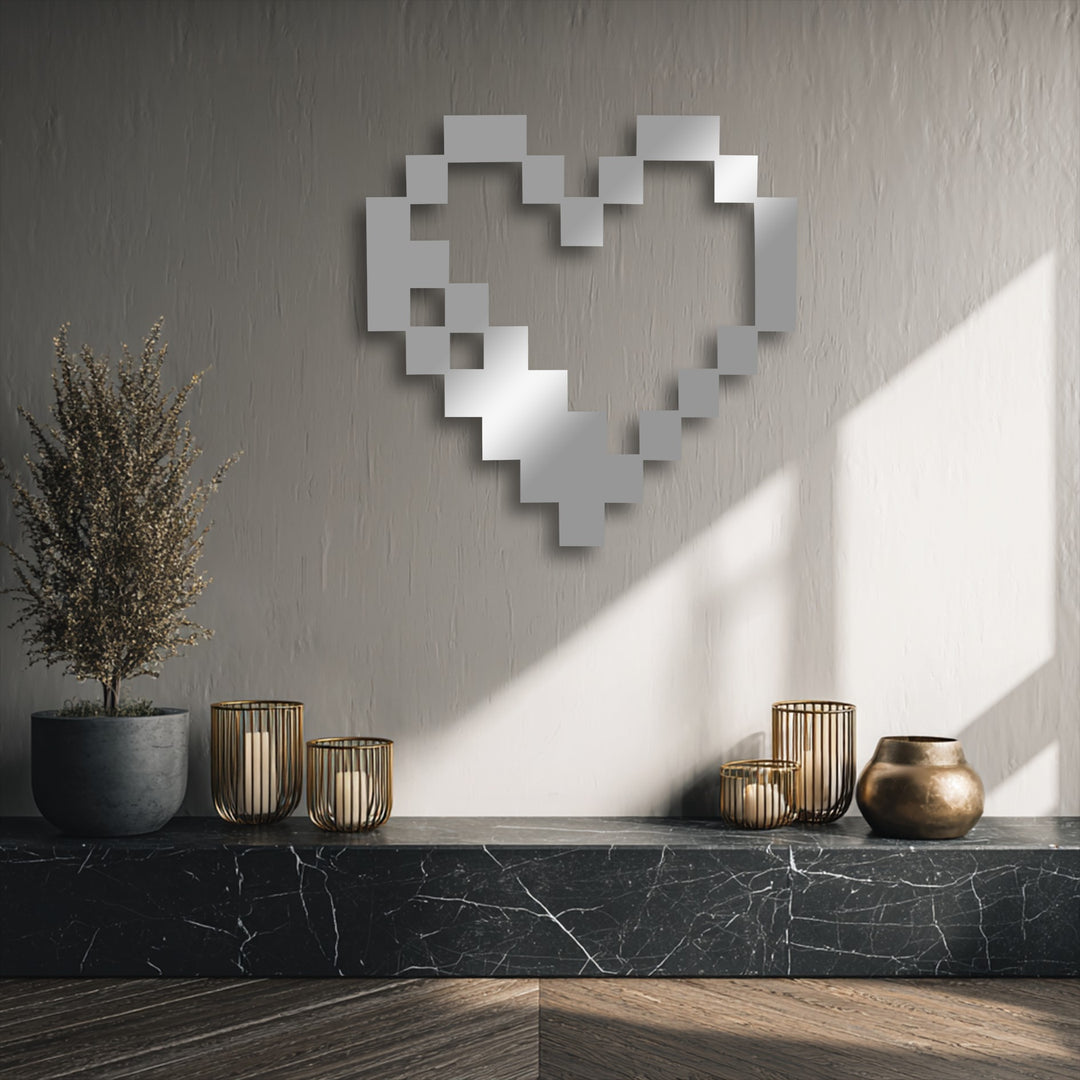 A unique layering effect highlights a reflective pixel heart icon, crafted as a stunning piece of decorative metal art.