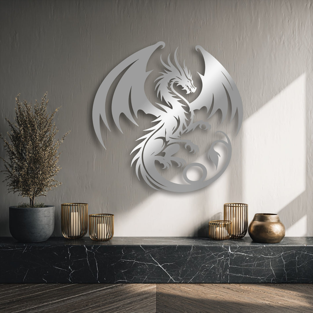 Observing the light, a gentle transition from warm shadows to bright highlights illuminates the majestic dragon metal artwork with spread wings.