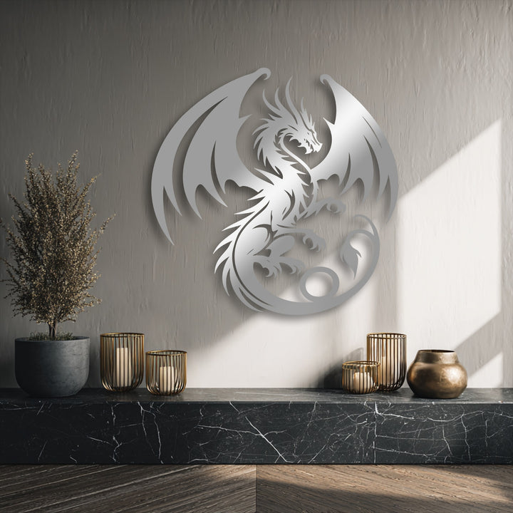 Observing the light, a gentle transition from warm shadows to bright highlights illuminates the majestic dragon metal artwork with spread wings.