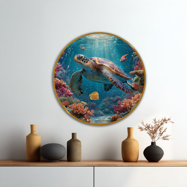 Observed in this graceful sea turtle oil painting reproduction print, the blend of vibrant hues illustrates a transition between colors across the underwater coral reefs.