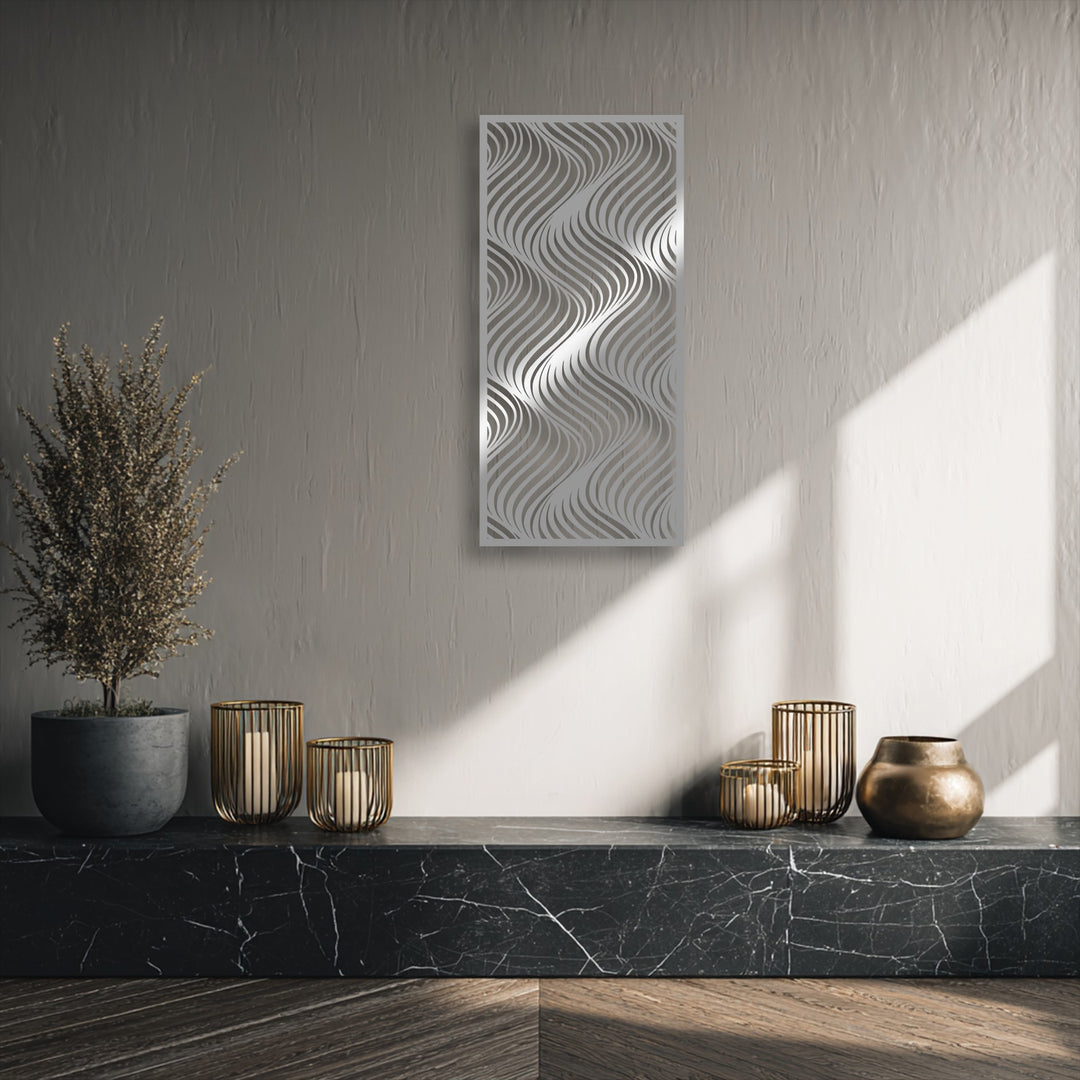 The striking flowing wave pattern of the abstract, unique metal wall art captures attention in this sunlit modern room.