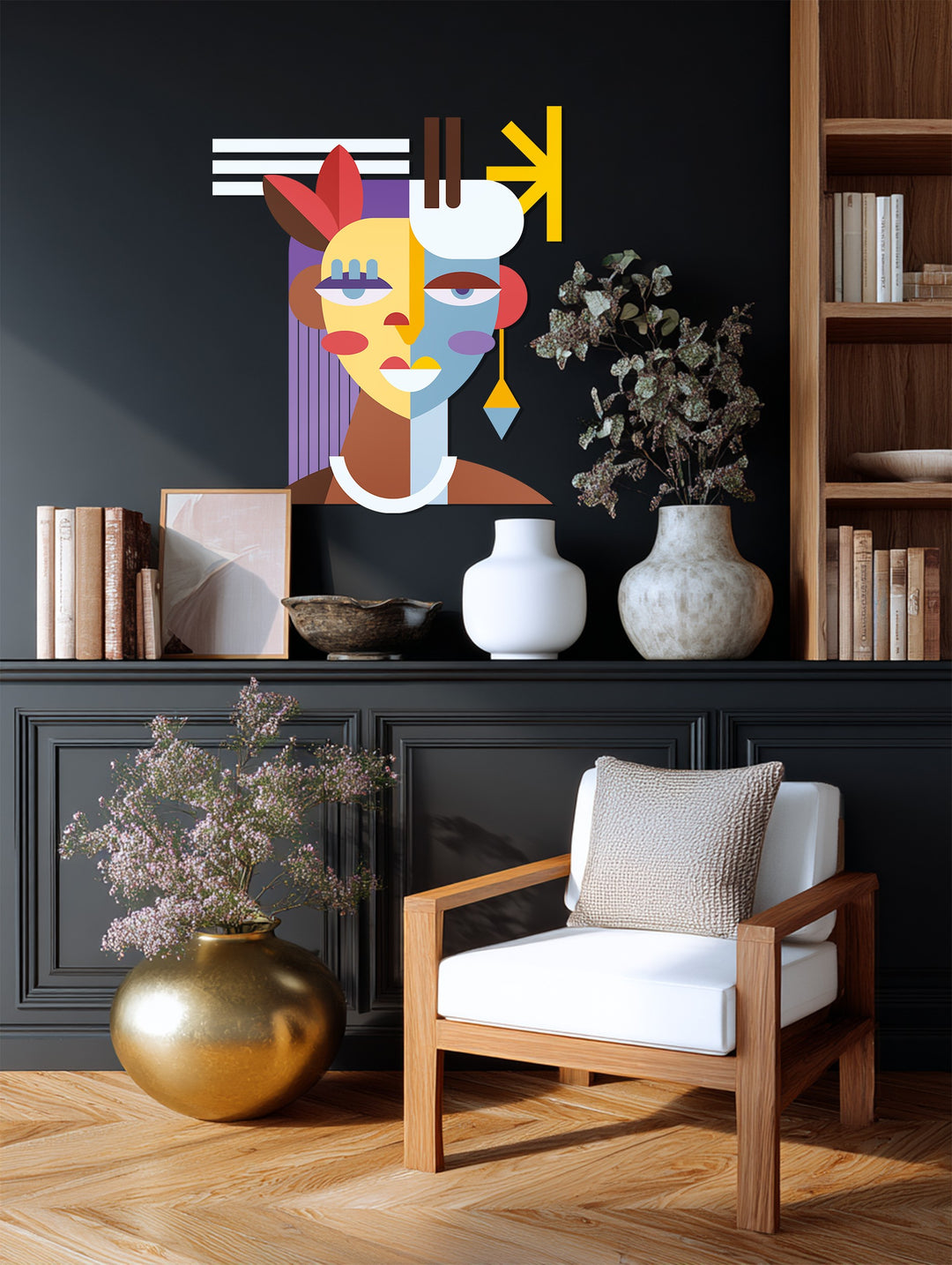 Abstract Woman Face Metal Wall Art – Colorful Modern Cubist Home Decor