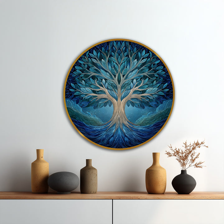Cool color temperature dominates this midnight harmony oil painting art piece, featuring a blue tree of life in a round canvas.