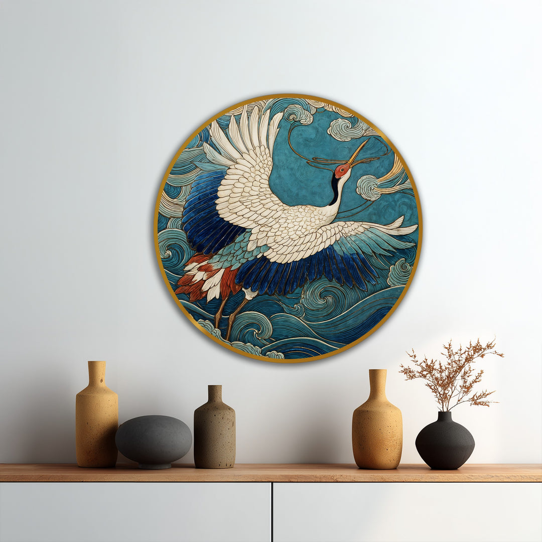 Turquoise dominates this round oil painting, depicting a graceful crane soaring over stylized ocean waves with modern oil painting art elements.