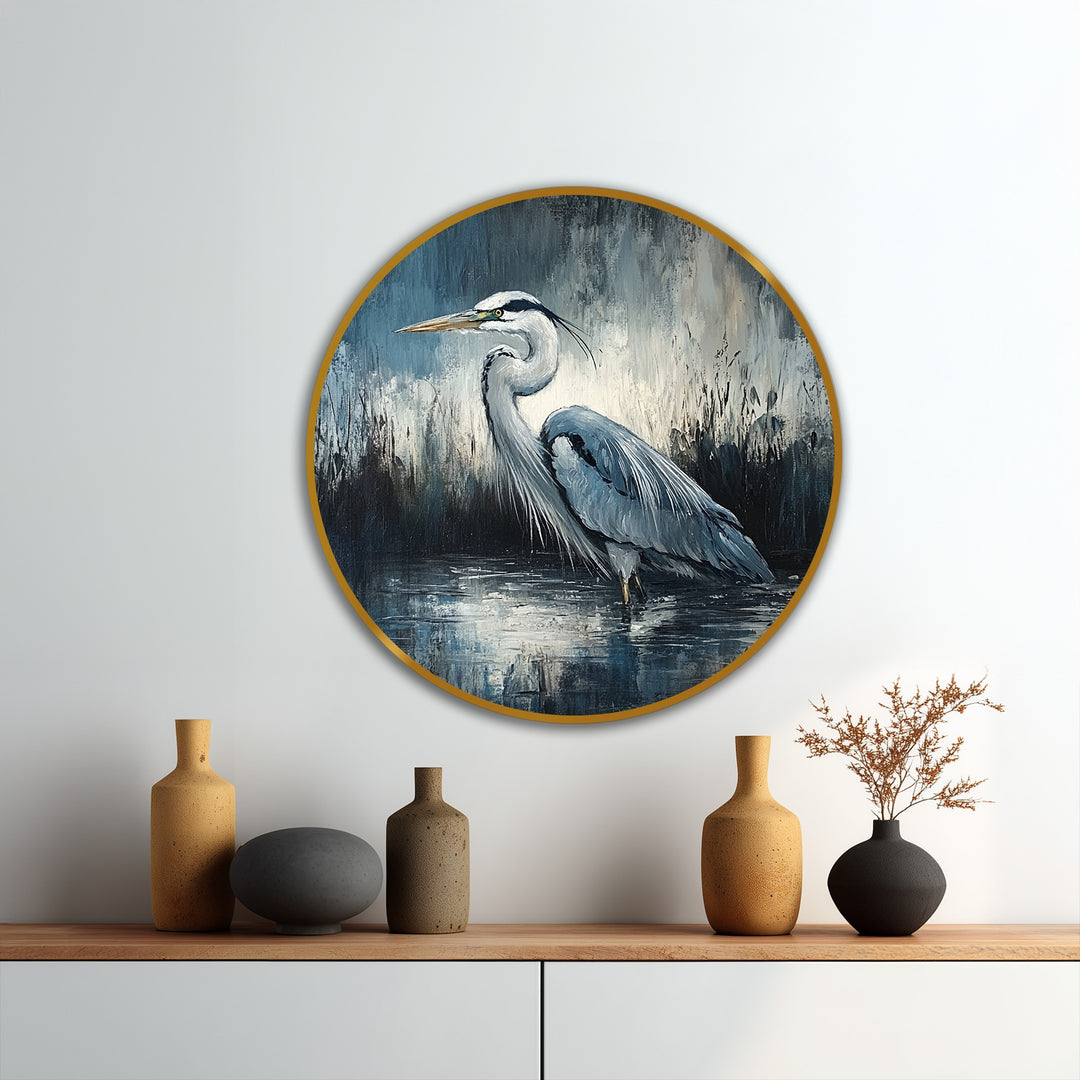 Displaying the beauty of the vases on the shelf below, this elegant heron round oil painting is an artistic oil painting reproduction print.